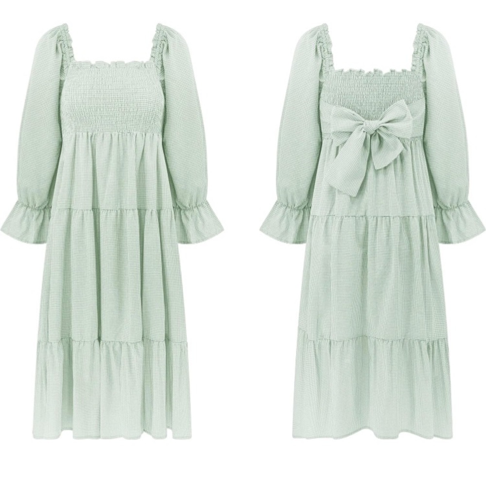 Cottagecore pale green plaid dress